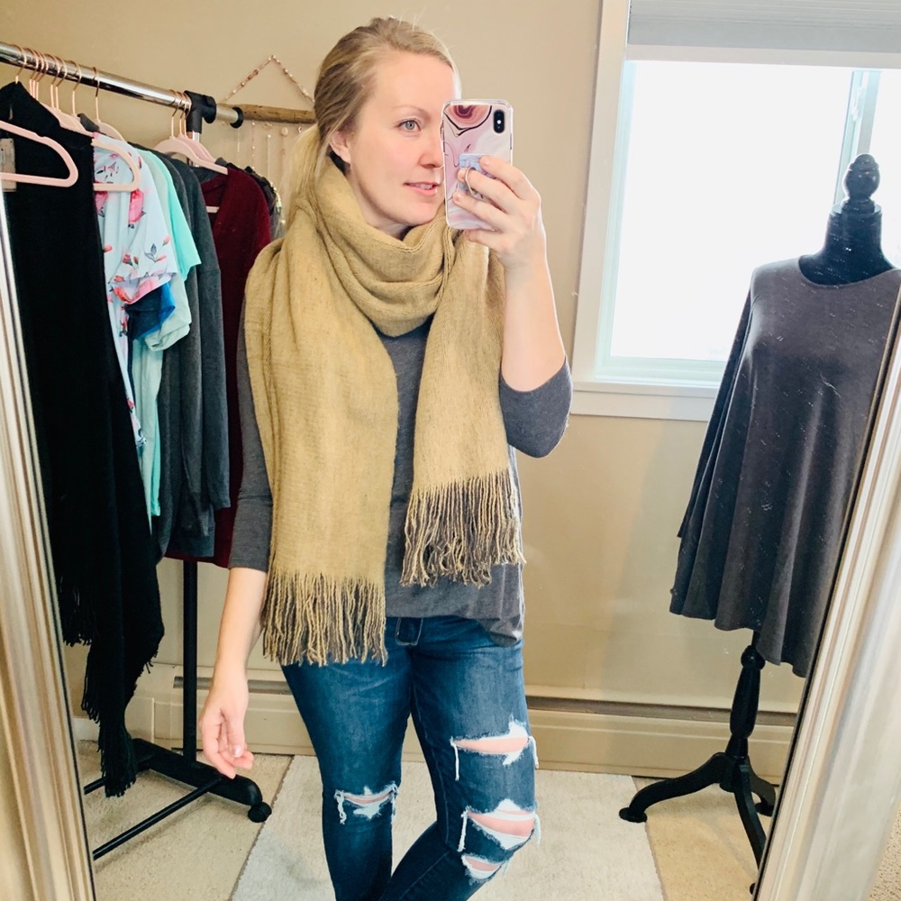 Wrap Scarf With Armholes Gray Mustard Shawl OS - Picture 5 of 8
